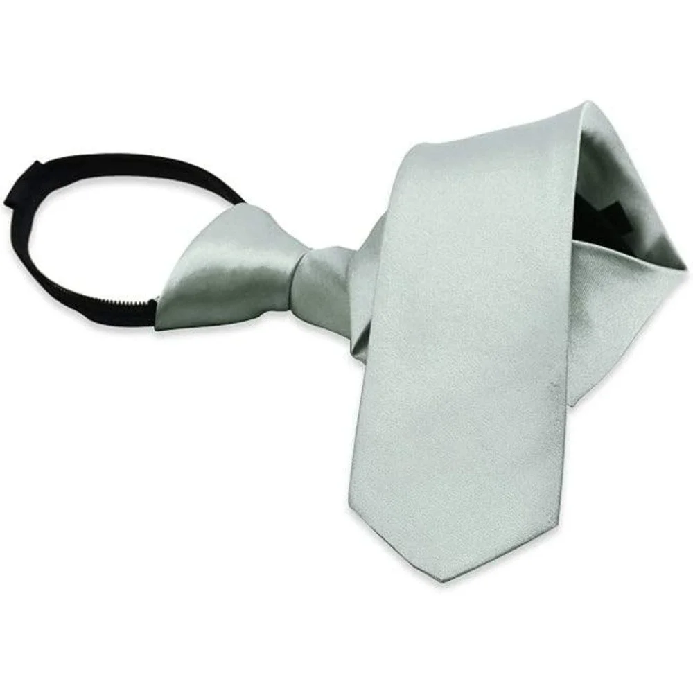 Aurya Silver Solid Color Boys Tie, Polyester Satin Pre-tied Necktie with Adjusta